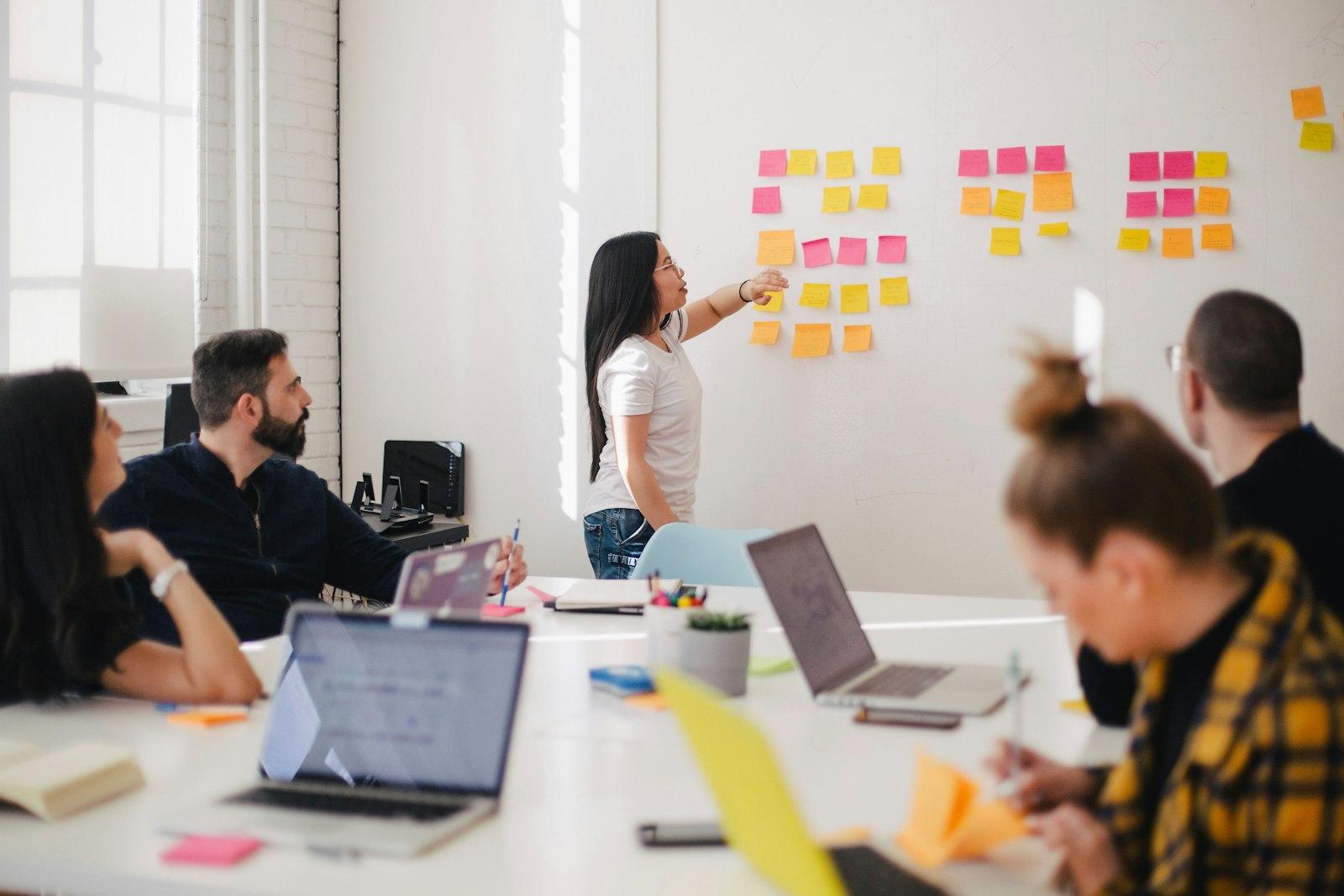 A team planning the first block of work on a wall of notes